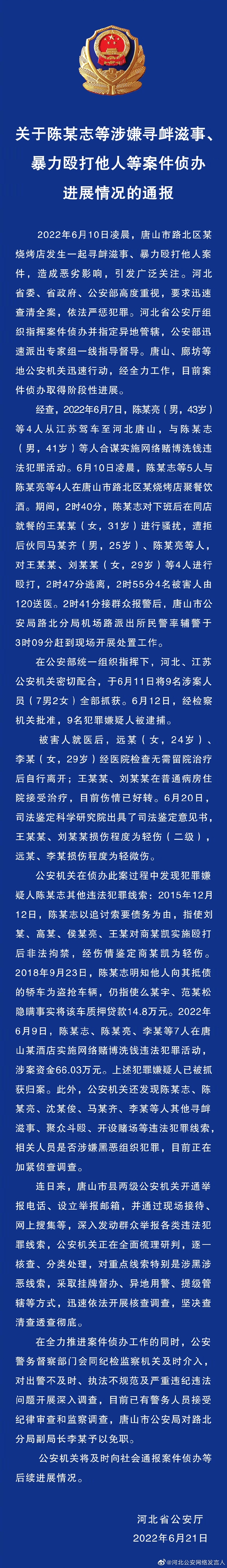 關于陳某志等涉嫌尋釁滋事、暴力毆打他人等案件偵辦進展情況的通報