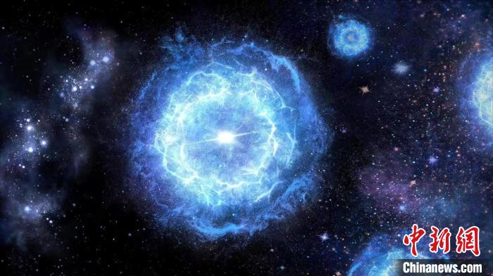 第一代超大質量恒星演化成為“對不穩定超新星”的藝術展示圖。　中科院國家天文臺 供圖