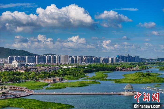 資料圖：航拍蘇州太湖湖濱國(guó)家濕地公園，藍(lán)天碧水生態(tài)美。 泱波 攝